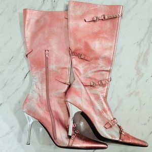 Steve Madden • Pink, Distressed Metallic Faux-Leather Stiletto Boots, size 9